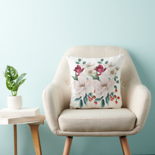 Coussin Fleurs Rouges Blanches Floral Feuillage Baies Roug