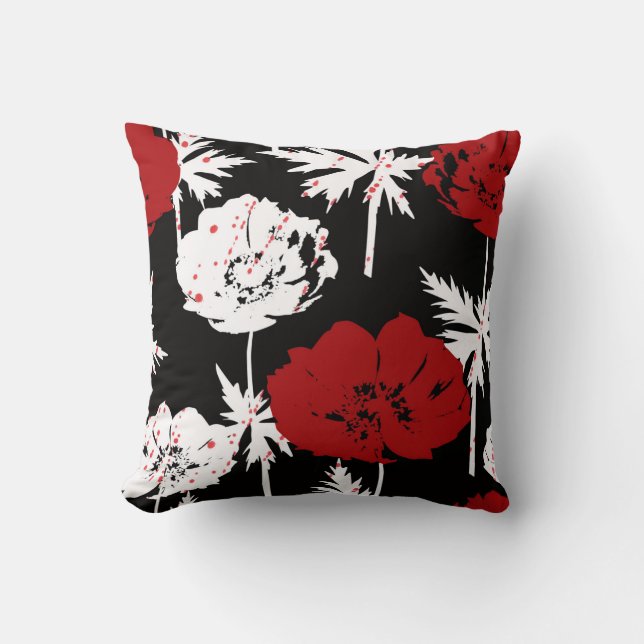 Coussin Fleurs rouges, blanches sur le noir. (Recto)