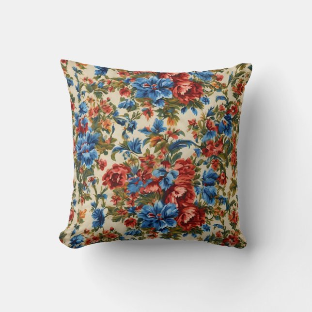 Coussin Fleurs rouges et bleues italiennes avec Feuilles l (Recto)