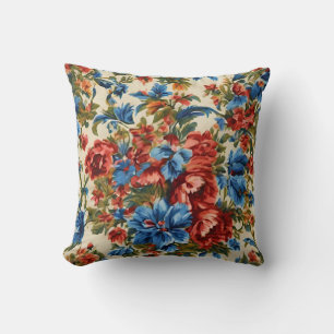 Coussin Fleurs rouges et bleues italiennes avec Feuilles l