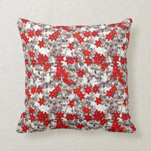 Coussin Fleurs rouges et feuille de gris argenté