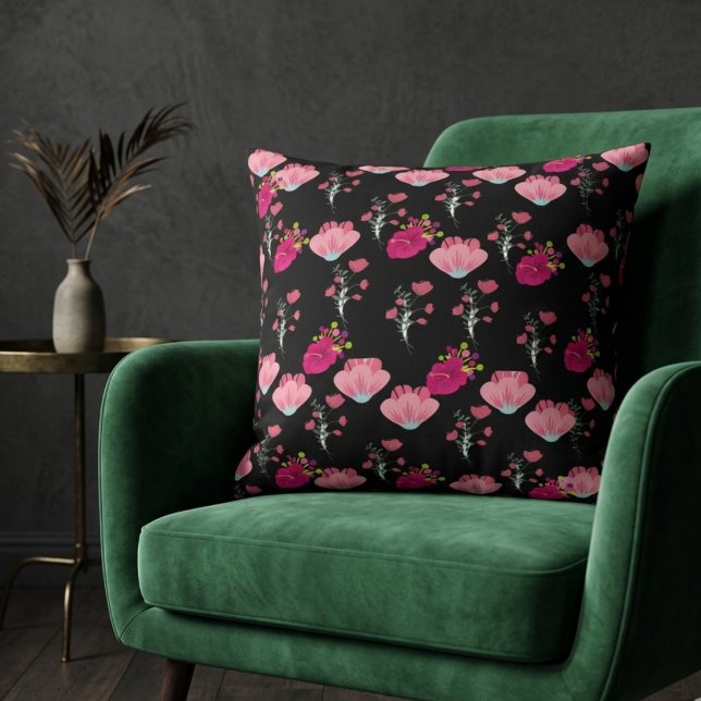 Coussin Fleurs rouges et roses motif sur noir (Créateur téléchargé)