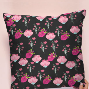 Coussin Fleurs rouges et roses motif sur noir