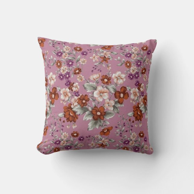 Coussin Fleurs rouges et roses sur un Motif violet (Recto)