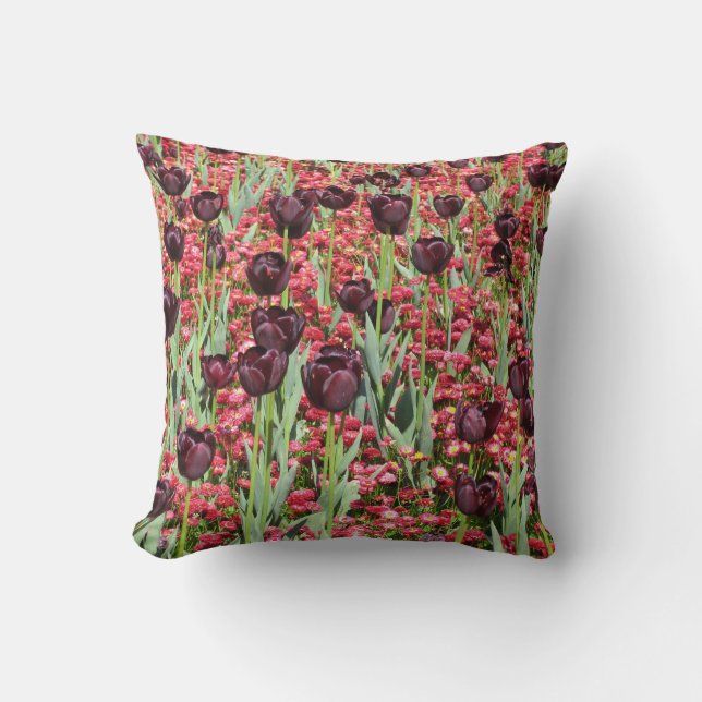 Coussin Fleurs rouges et tulipes foncées (Recto)