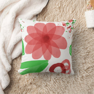 Coussin Fleurs Rouges Fantaisistes Feuilles Vertes Sur Art