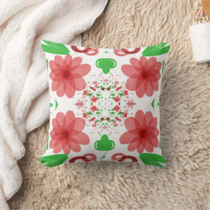 Coussin Fleurs Rouges Fantaisistes Feuilles Vertes Sur Fon