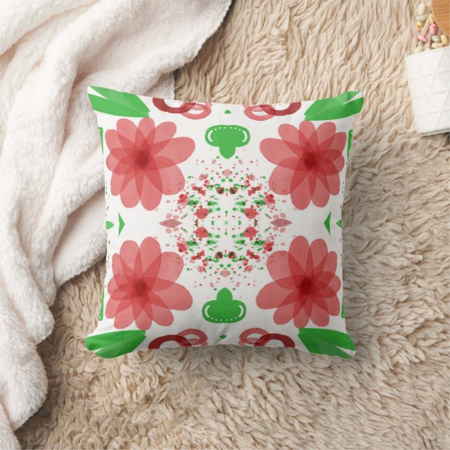 Coussin Fleurs Rouges Fantaisistes Feuilles Vertes Sur Fon (Couverture)