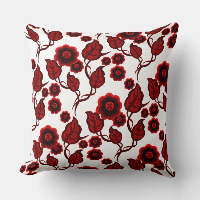 Coussin Fleurs rouges, feuille rouge, art populaire floral (Recto)