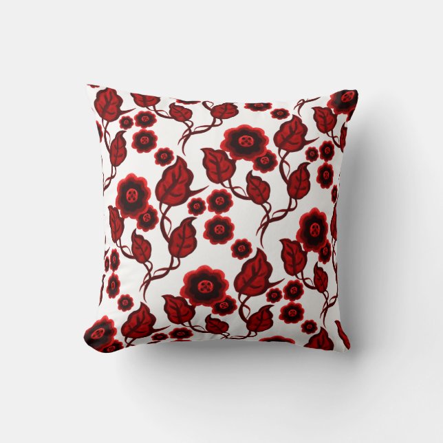 Coussin Fleurs rouges, feuille rouge, art populaire floral (Recto)