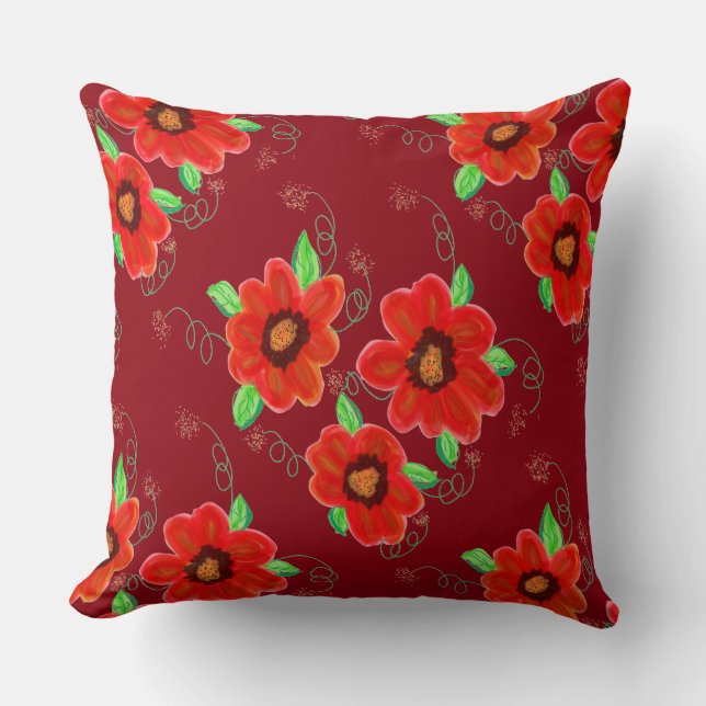 Coussin Fleurs rouges orange vif sur framboise foncée (Recto)