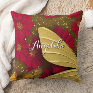 Coussin Fleurs rouges Parties scintillant d'or Nom personn