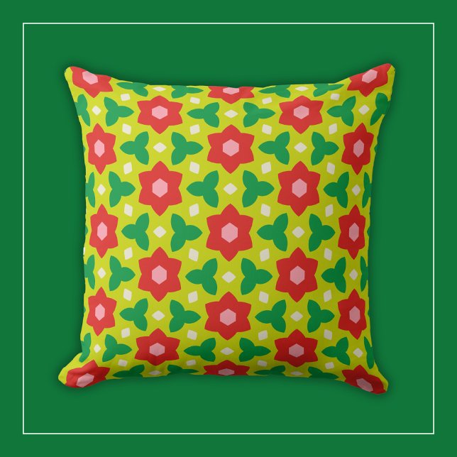 Coussin Fleurs rouges sur fond floral géométrique vert cit (Créateur téléchargé)
