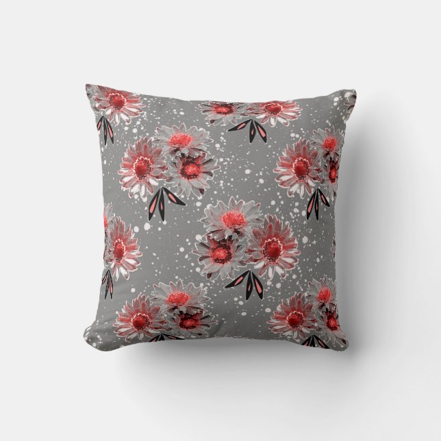 Coussin Fleurs rouges sur gris (Recto)