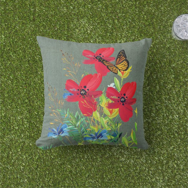 Coussin Fleurs rouges sur toile de jute grise  (Herbe)