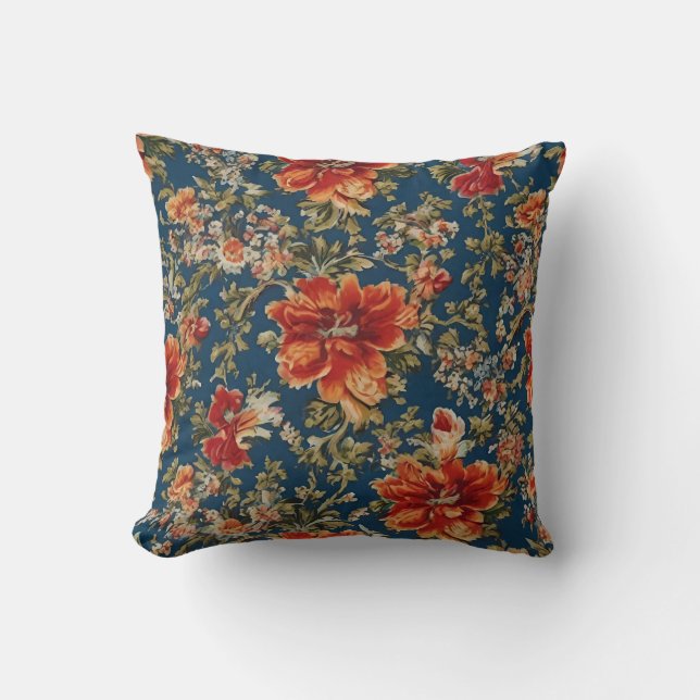 Coussin Fleurs rouges Vintages et Feuilles (Recto)