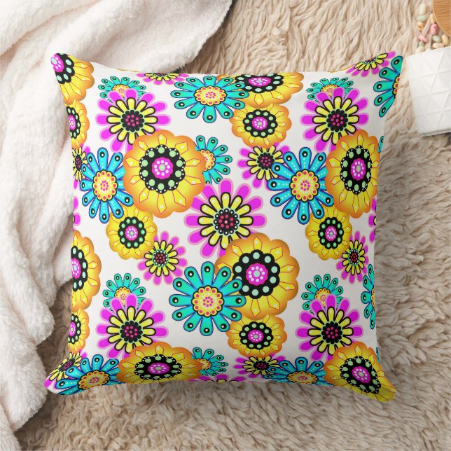 Coussin Fleurs rustique rétro jaune et turquoise (Couverture)