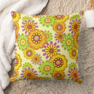 Coussin Fleurs rustique rétro jaune et vert