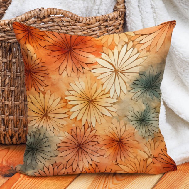 Coussin Fleurs sarcelle et crème en terre cuite Tons chaud (Burnt orange and teal floral decorator pillow)