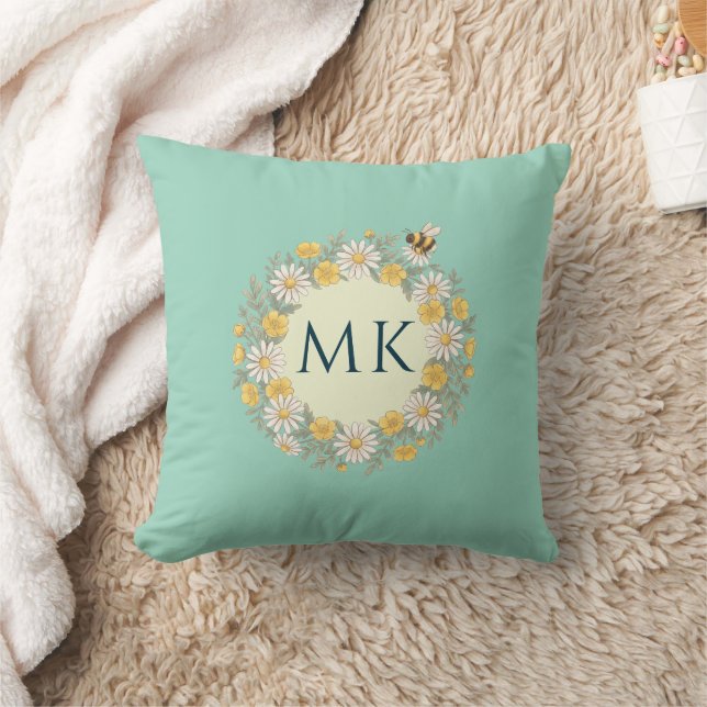 Coussin Fleurs sauvages abeille monogramme sarcelle (Couverture)