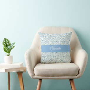 Coussin Fleurs sauvages aquarelle bleue nom personnalisé