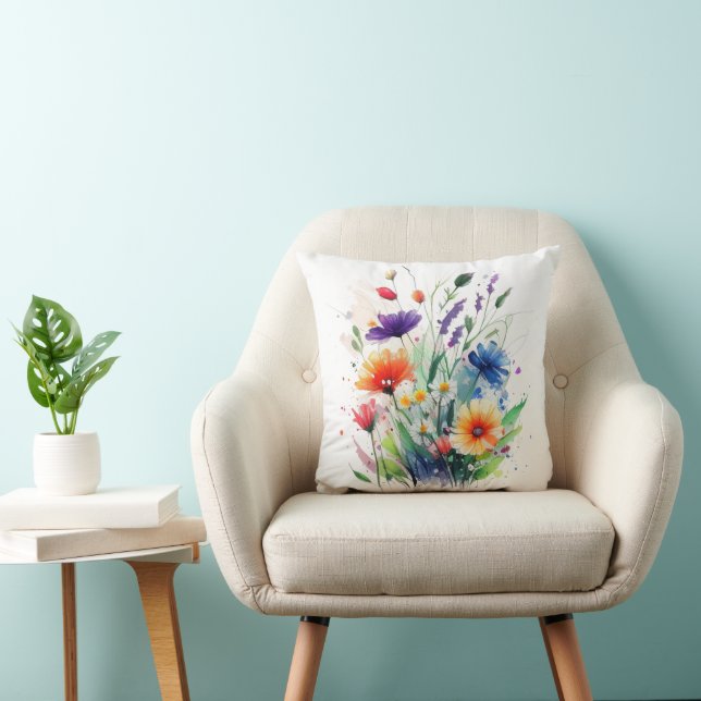 Coussin Fleurs sauvages aquarelle orange violet rouge bleu (Chaise)