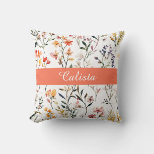 Coussin Fleurs sauvages aquarelle rose Monogramme Nom