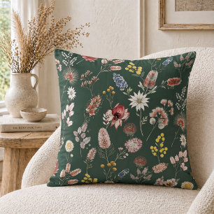 Coussin Fleurs sauvages aquarelles romantiques vert forêt