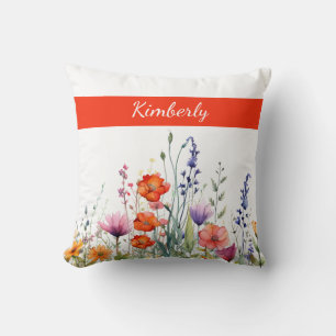 Coussin Fleurs sauvages aquarelles vives personnalisées