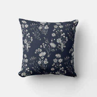 Coussin Fleurs sauvages blancs et crysanthimum bleu profon