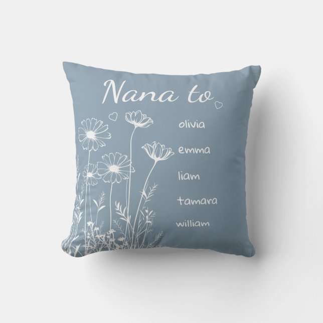 Coussin Fleurs sauvages bleu poussiéreux Noms des petits-e (Recto)