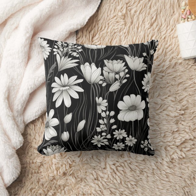 Coussin Fleurs sauvages botaniques noir blanc feuilles (Couverture)