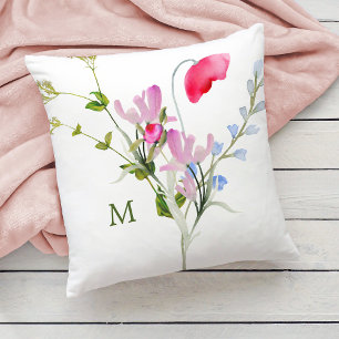 Coussin Fleurs sauvages d'aquarelle avec monogramme