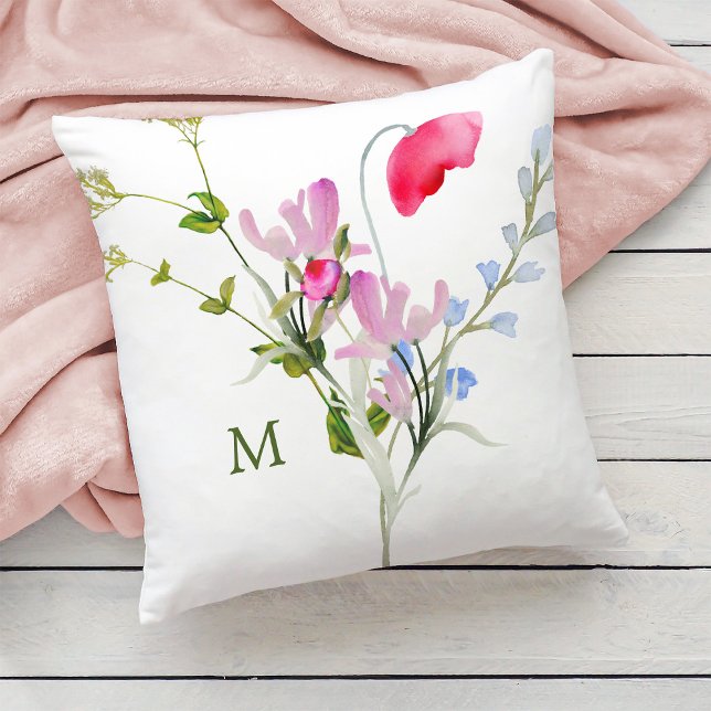 Coussin Fleurs sauvages d'aquarelle avec monogramme (Créateur téléchargé)