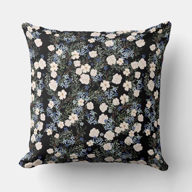 Coussin Fleurs sauvages d'aquarelle florale bleu rose Feui (Recto)