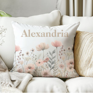 Coussin Fleurs sauvages d'aquarelle rose botanique