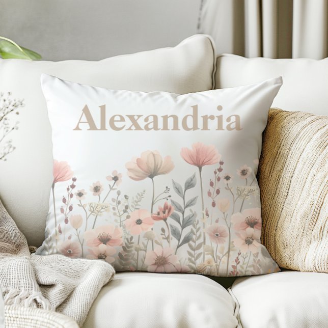 Coussin Fleurs sauvages d'aquarelle rose botanique (pretty watercolor wildflower pillow)
