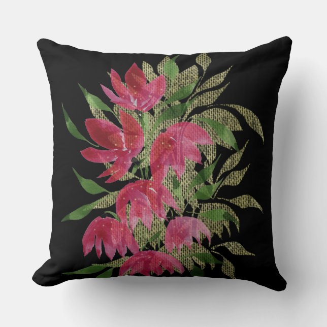 Coussin Fleurs sauvages dentelle texturée bohème aquarelle (Recto)