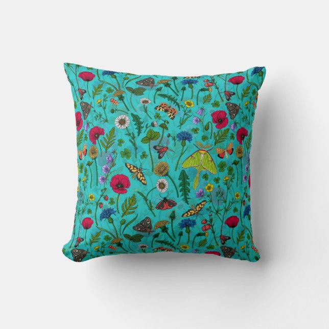 Coussin Fleurs sauvages et papillons de nuit sur turquoise (Recto)