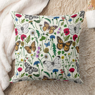 Coussin Fleurs sauvages et papillons sur blanc