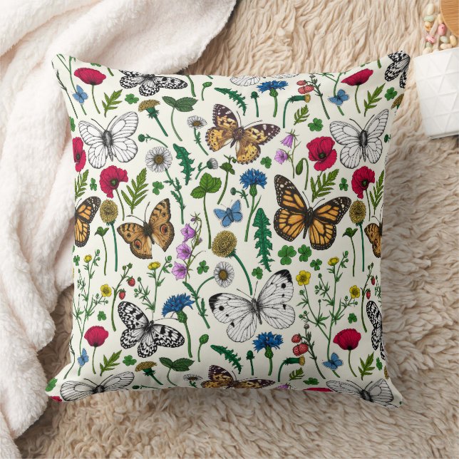 Coussin Fleurs sauvages et papillons sur blanc (Couverture)