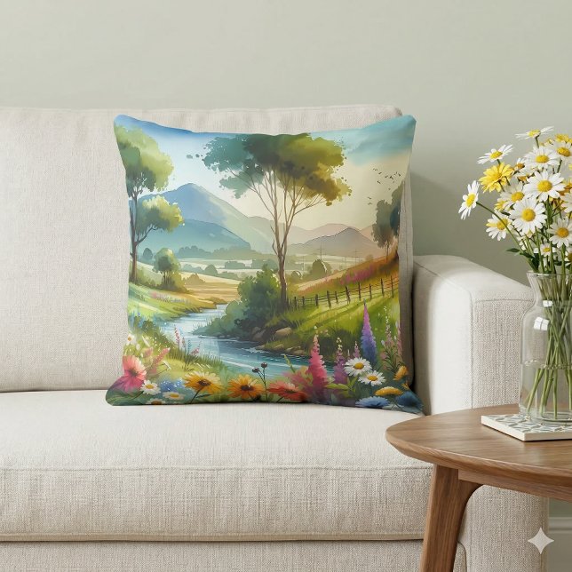Coussin Fleurs sauvages et ruisseau dans Spring Valley (Wildflowers and Stream in Spring Valley Throw Pillow Mockup A)