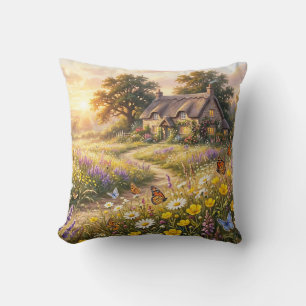 Coussin Fleurs sauvages et une mignonne maisonnette