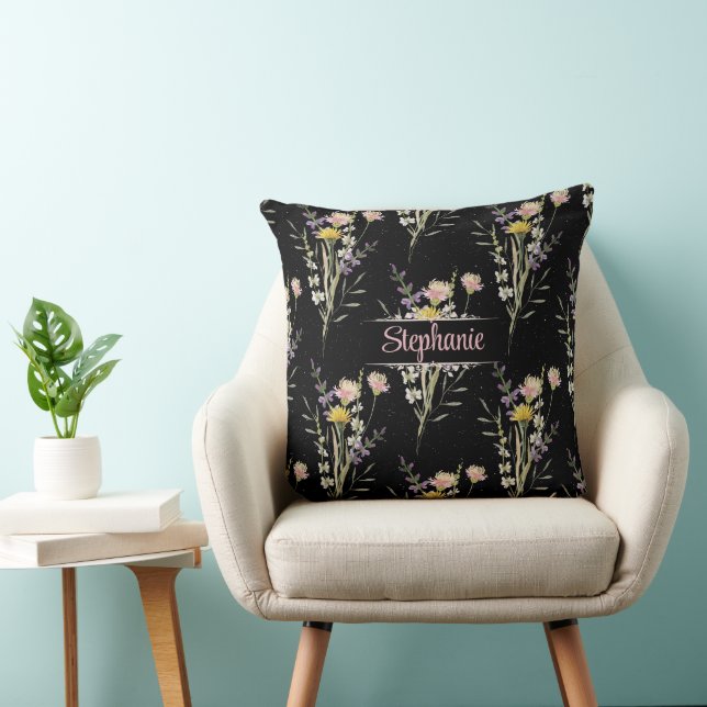 Coussin Fleurs sauvages floraux noirs modernes (Chaise)