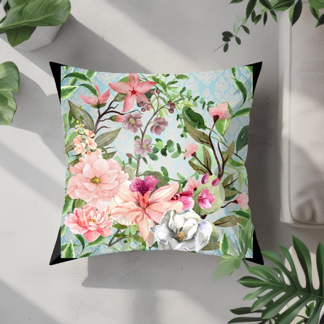 Coussin Fleurs sauvages modernes élégants sur Damask Arriè (Créateur téléchargé)