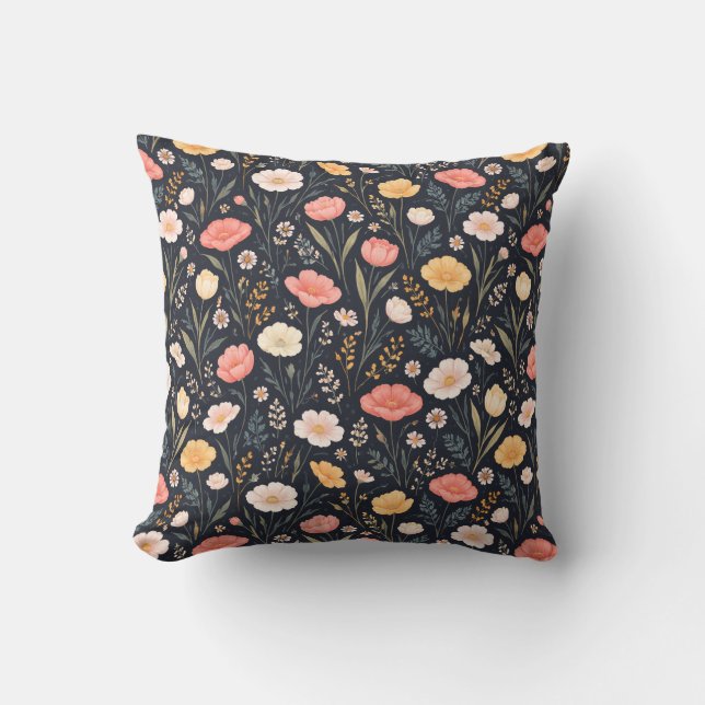 Coussin Fleurs sauvages modernes sur fond bleu marine (Recto)