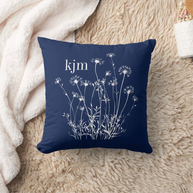 Coussin Fleurs sauvages monogrammes bleu marine et blanc (Couverture)