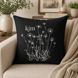 Coussin Fleurs Sauvages Noir & Blanc Monogramme