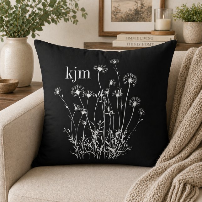 Coussin Fleurs Sauvages Noir & Blanc Monogramme (Créateur téléchargé)