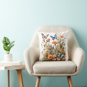 Coussin Fleurs sauvages Papillons Aquarelle Fleurs de jard